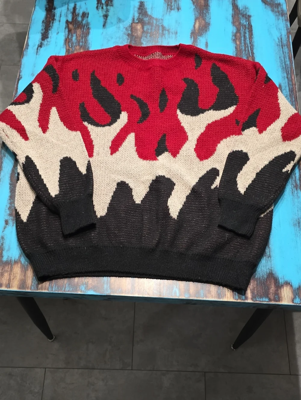 Men's Flame Pattern Crewneck Sweater - Red/Black/Cream